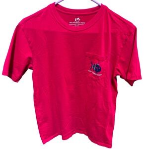Southern Tide Vibrant Red T-Shirt with Pocket and Plaid Fish on the Back. Size=S